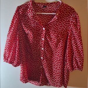 SHEIN Red & White Daisy Print Puff Sleeve Button Up Blouse XL